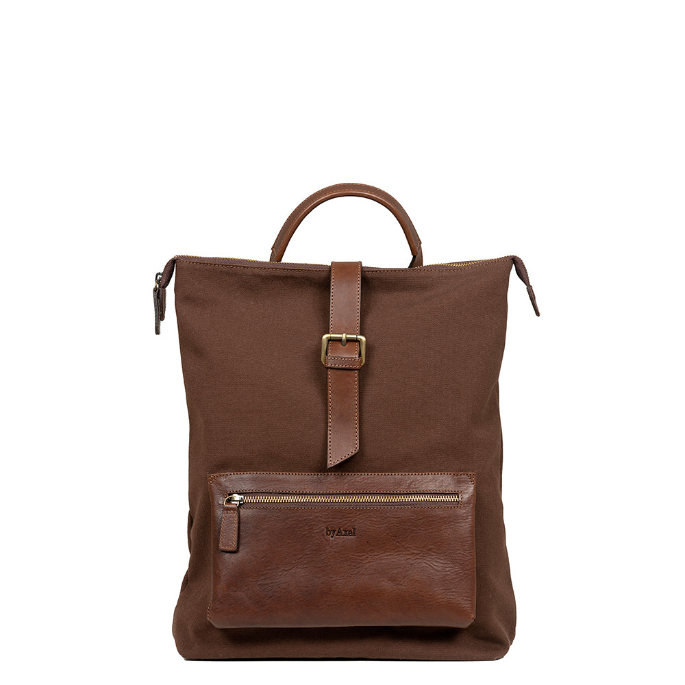 byAxel brun ryggsäck tillverkad i Italien av äkta läder och canvas