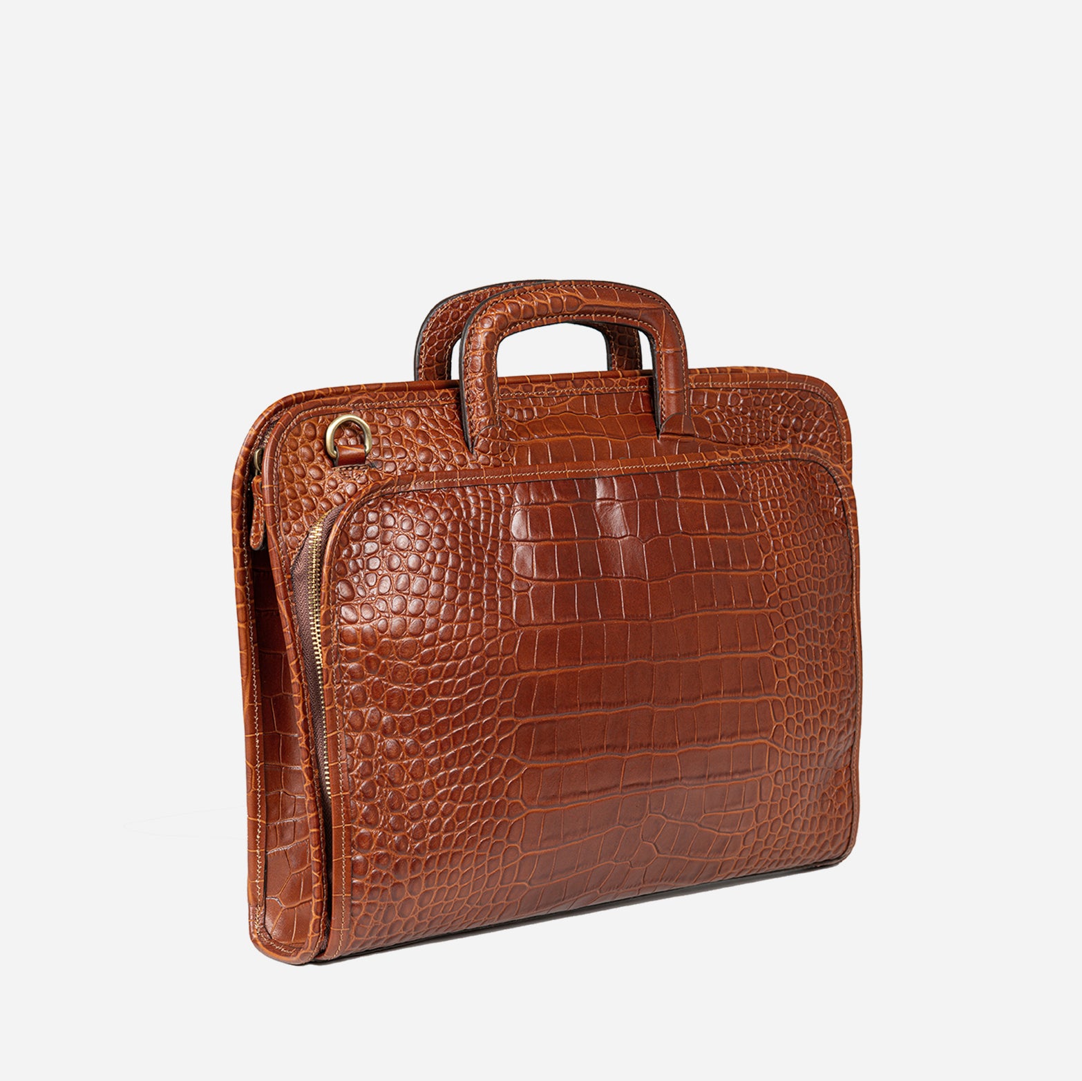 byAxel brun portfölj i croc print läder tillverkad i Italien.