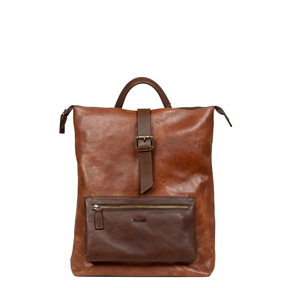 byAxel brun ryggsäck tillverkad i Italien av äkta läder