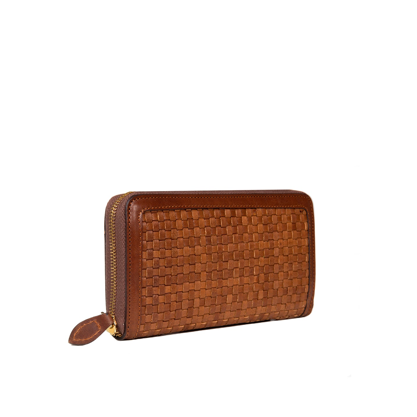 byAxel brun plånbok i flätat läder tillverkad i Italien.